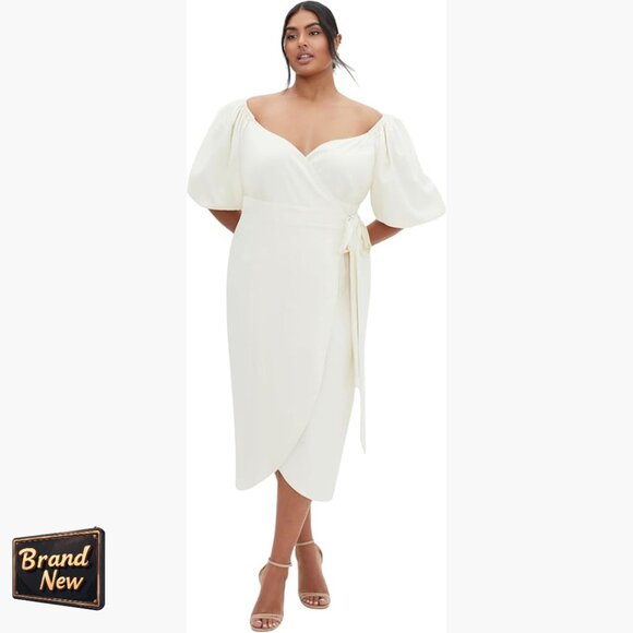 Plus Size Wrap Midi Dress with V Neckline and Balloon Sleeves